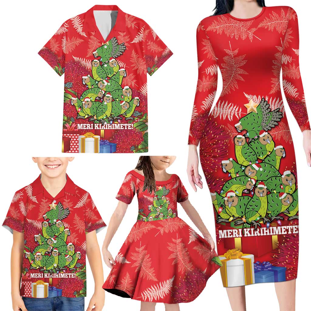 Kakapo New Zealand Christmas Family Matching Long Sleeve Bodycon Dress and Hawaiian Shirt Meri Kirihimete Pohutukawa - Red Color