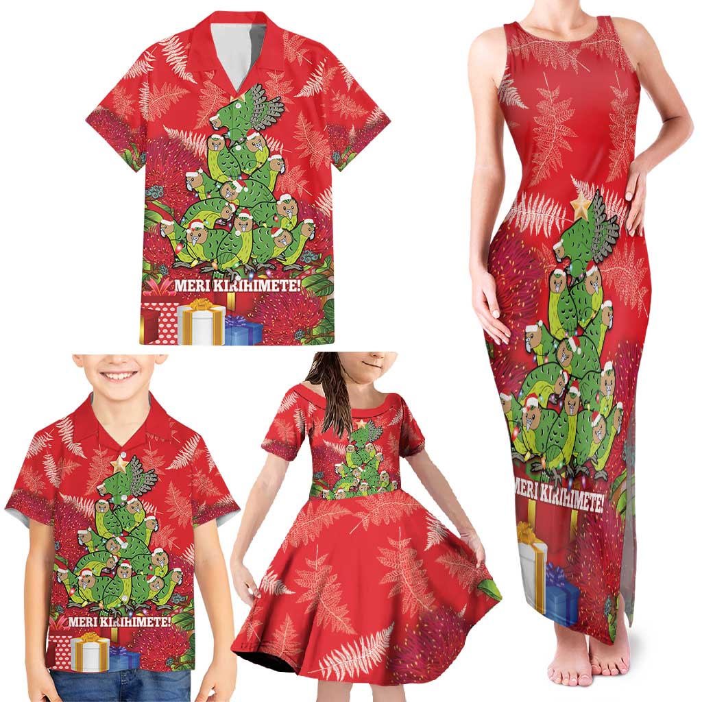 Kakapo New Zealand Christmas Family Matching Tank Maxi Dress and Hawaiian Shirt Meri Kirihimete Pohutukawa - Red Color