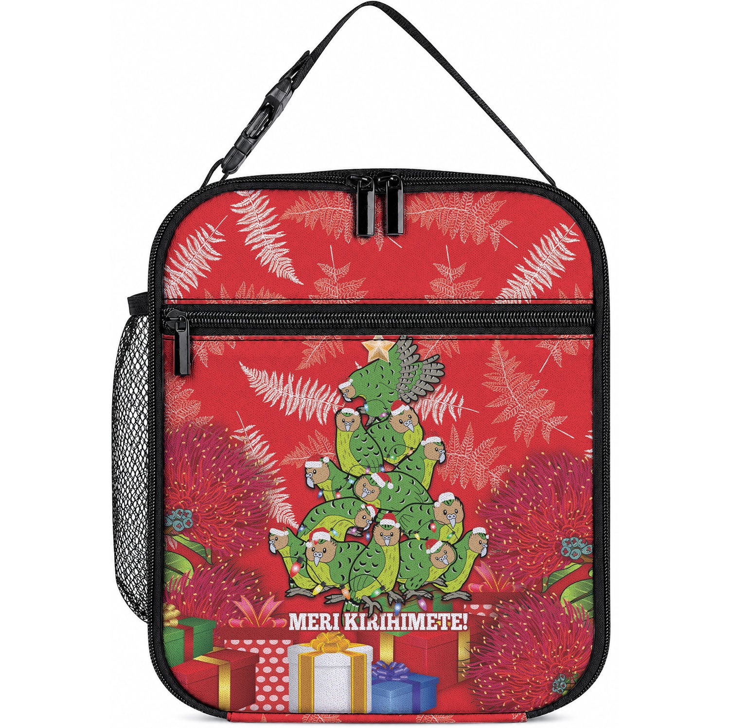 Kakapo New Zealand Christmas Lunch Bag Meri Kirihimete Pohutukawa - Red Color LT14 10.2 × 8.3 × 4.3 inch Red - Polynesian Pride