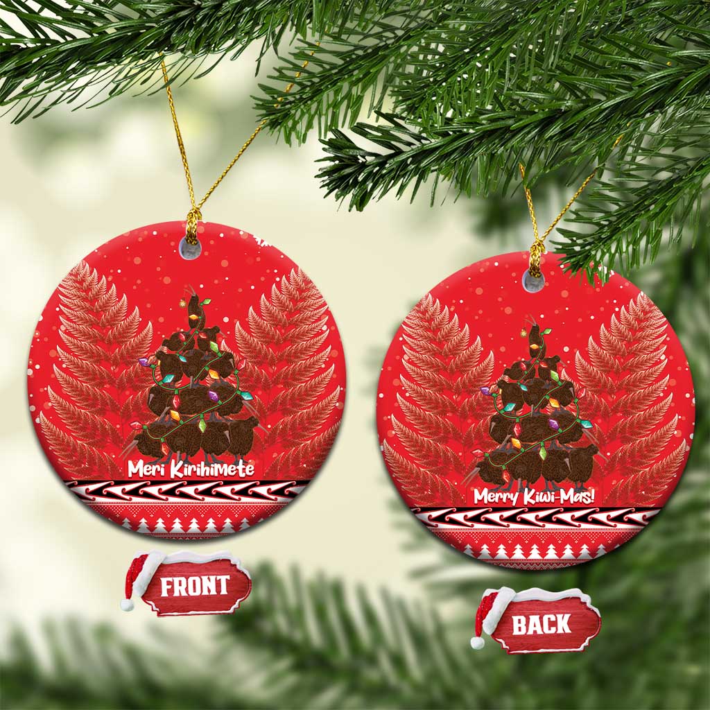 Kiwi New Zealand Christmas Ceramic Ornament Meri Kirihimete Silver Fern - Red Color LT14 Circle Red - Polynesian Pride