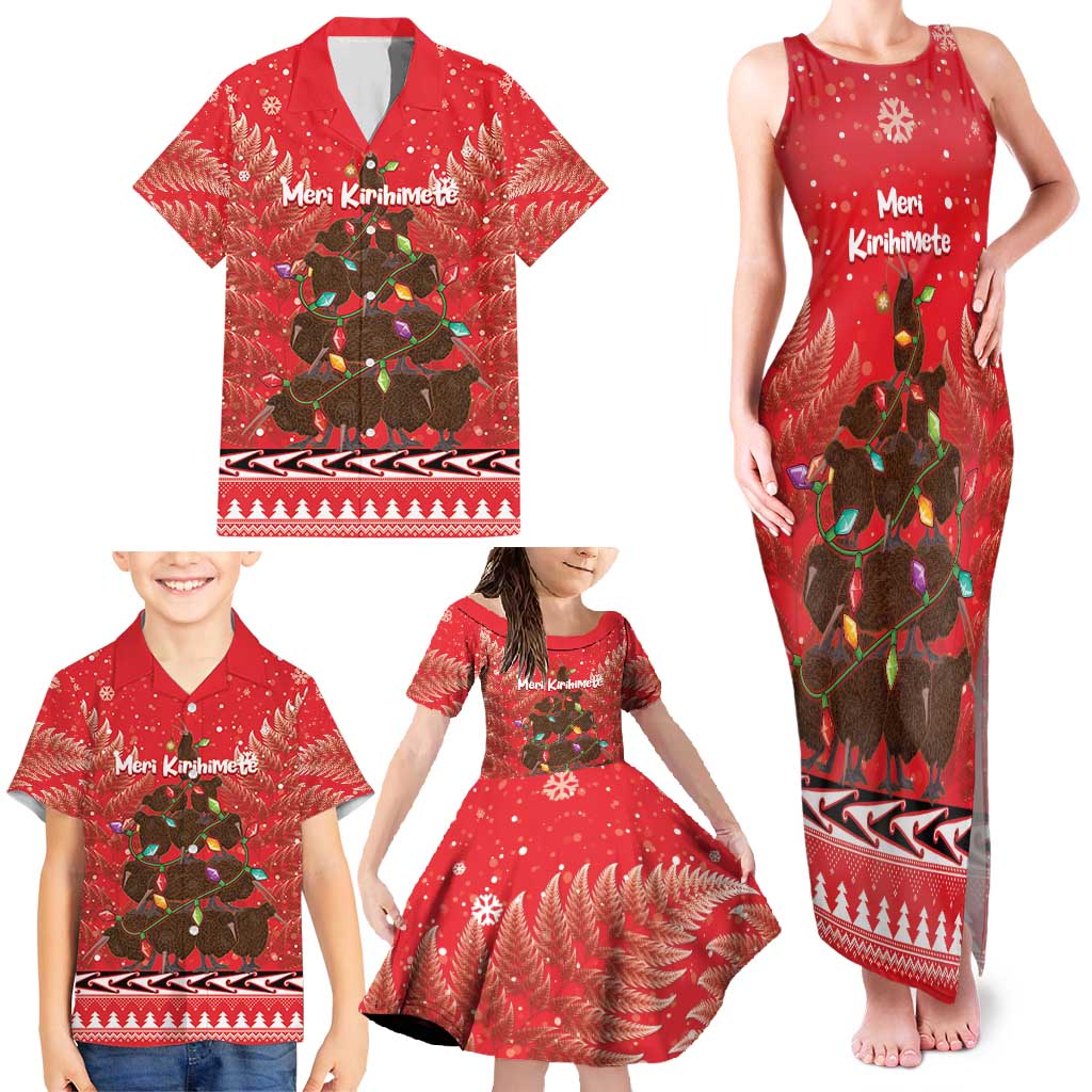 Kiwi New Zealand Christmas Family Matching Tank Maxi Dress and Hawaiian Shirt Meri Kirihimete Silver Fern - Red Color