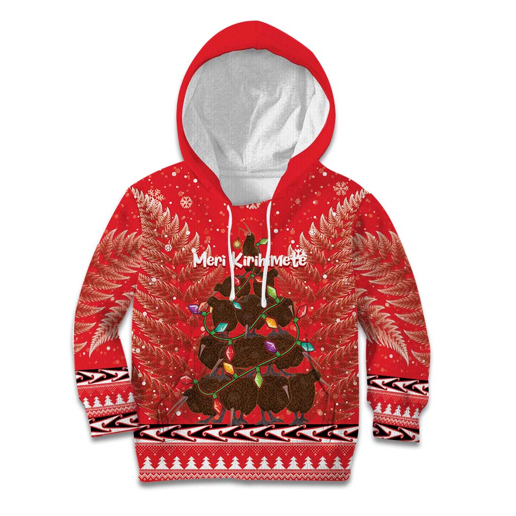 Kiwi New Zealand Christmas Kid Hoodie Meri Kirihimete Silver Fern - Red Color LT14 Hoodie Red - Polynesian Pride
