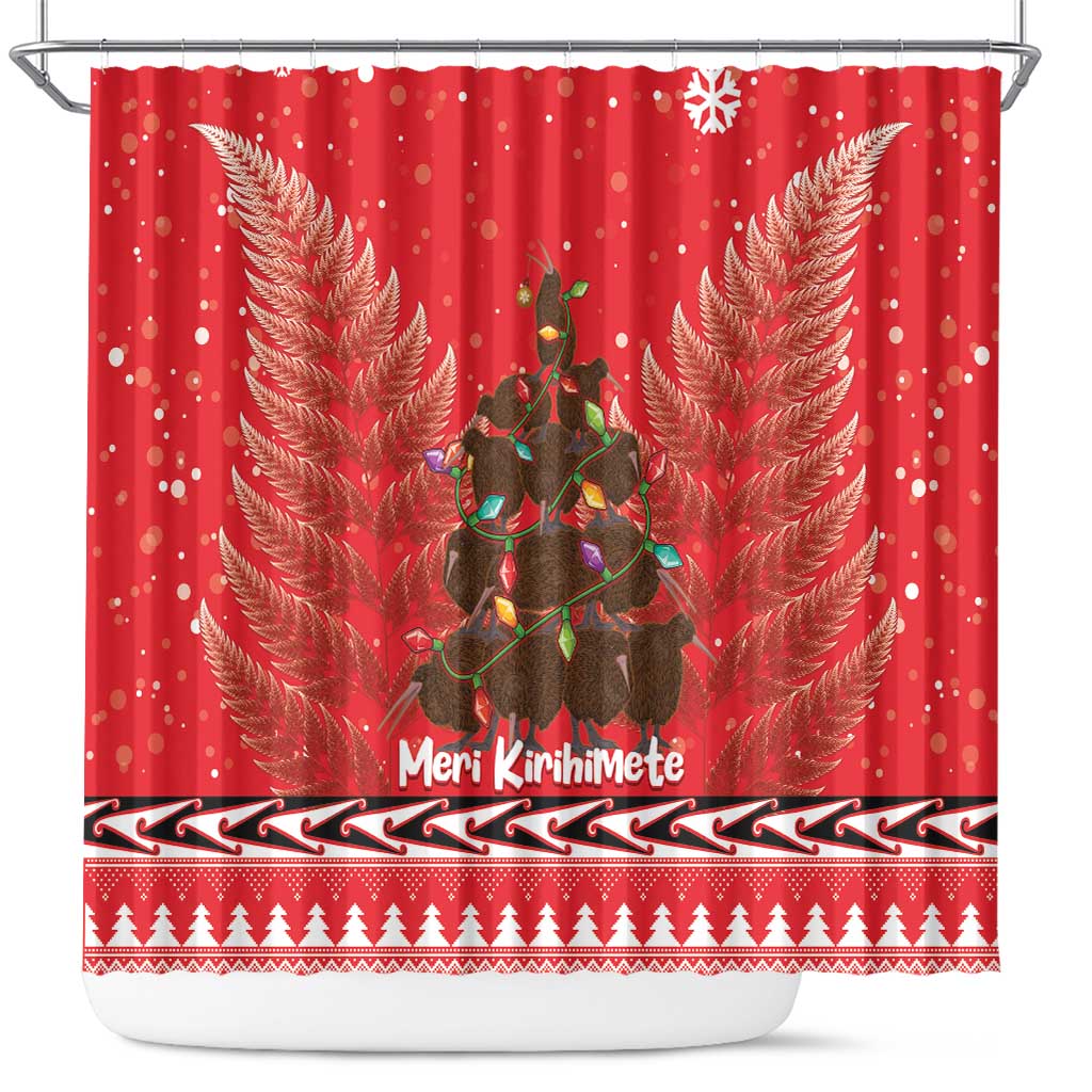 Kiwi New Zealand Christmas Shower Curtain Meri Kirihimete Silver Fern - Red Color LT14 Red - Polynesian Pride