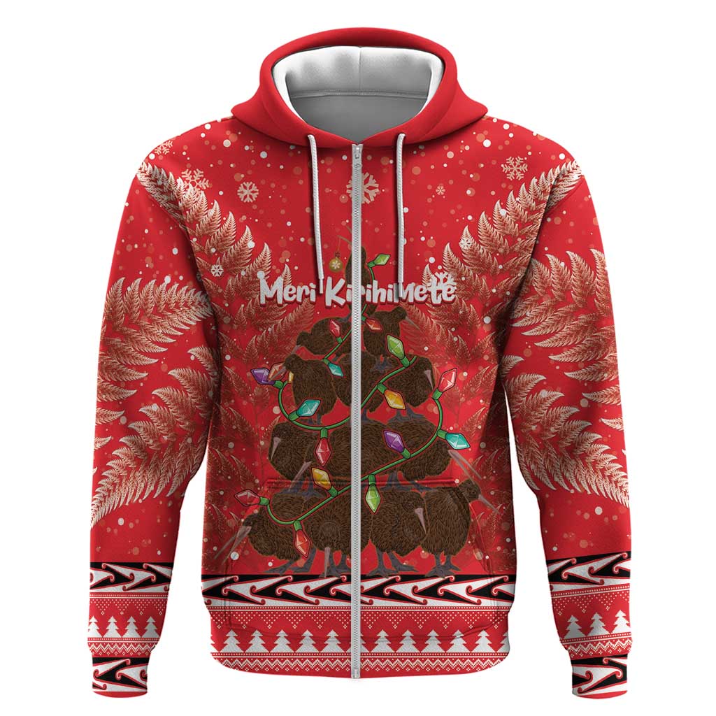 Kiwi New Zealand Christmas Zip Hoodie Meri Kirihimete Silver Fern - Red Color LT14 Zip Hoodie Red - Polynesian Pride
