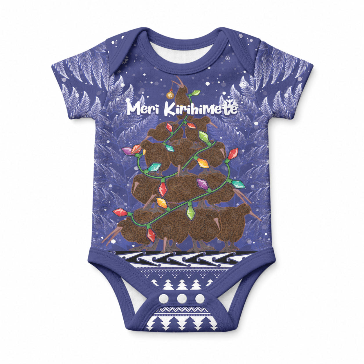 Kiwi New Zealand Christmas Baby Onesie Meri Kirihimete Silver Fern - Blue Color LT14 Blue - Polynesian Pride