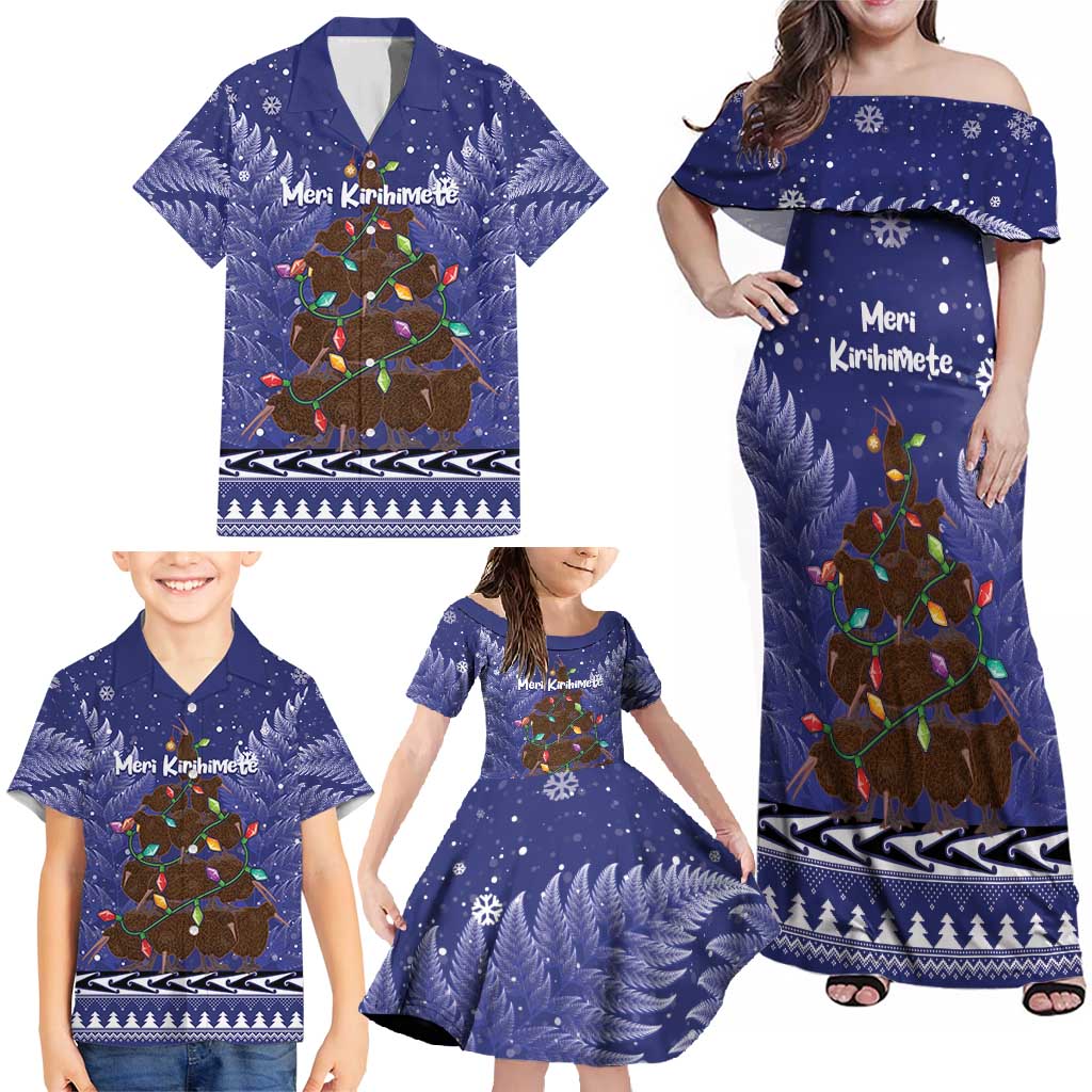 Kiwi New Zealand Christmas Family Matching Off Shoulder Maxi Dress and Hawaiian Shirt Meri Kirihimete Silver Fern - Blue Color