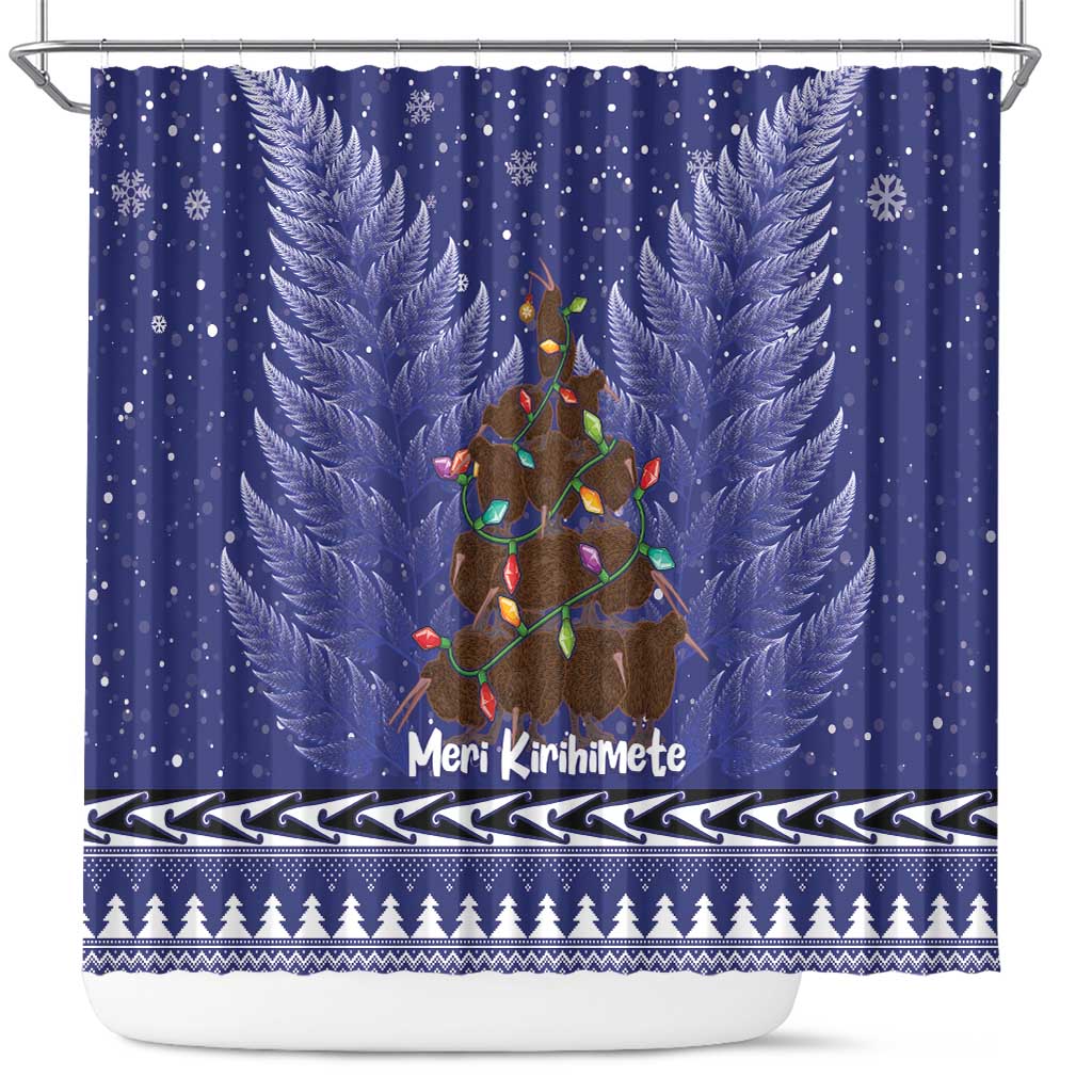 Kiwi New Zealand Christmas Shower Curtain Meri Kirihimete Silver Fern - Blue Color LT14 Blue - Polynesian Pride