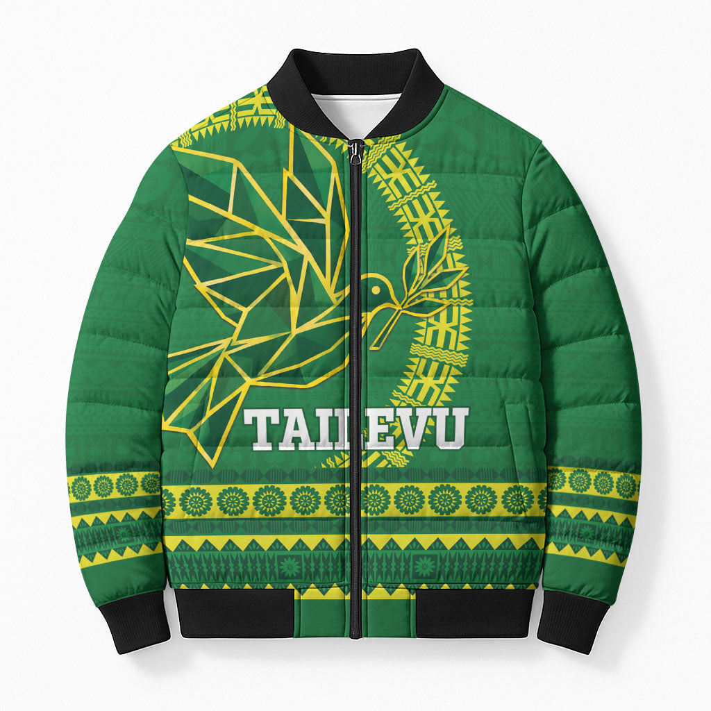 Fiji Tailevu Rugby Personalised Bomber Puffer Jacket Go Dove Nation Fijian Tapa LT14 Unisex Green - Polynesian Pride