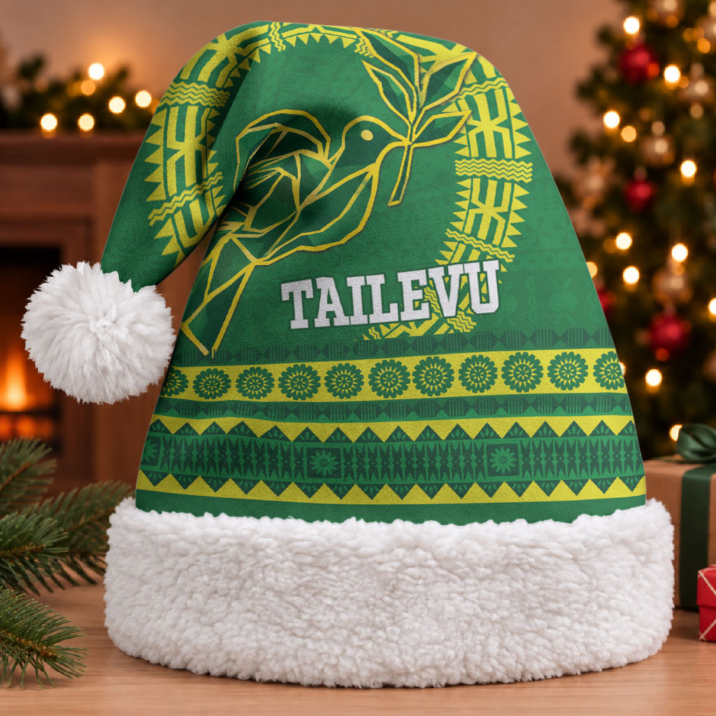 Fiji Tailevu Rugby Personalised Christmas Santa Hat Go Dove Nation Fijian Tapa LT14 With Fur Green - Polynesian Pride