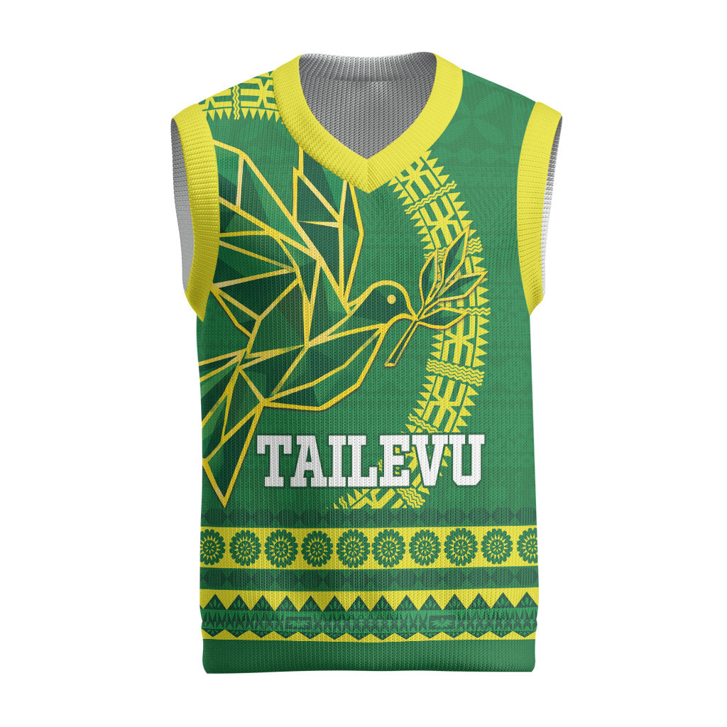 Fiji Tailevu Rugby Personalised Christmas Knitted V-Neck Vest Go Dove Nation Fijian Tapa LT14 Green - Polynesian Pride