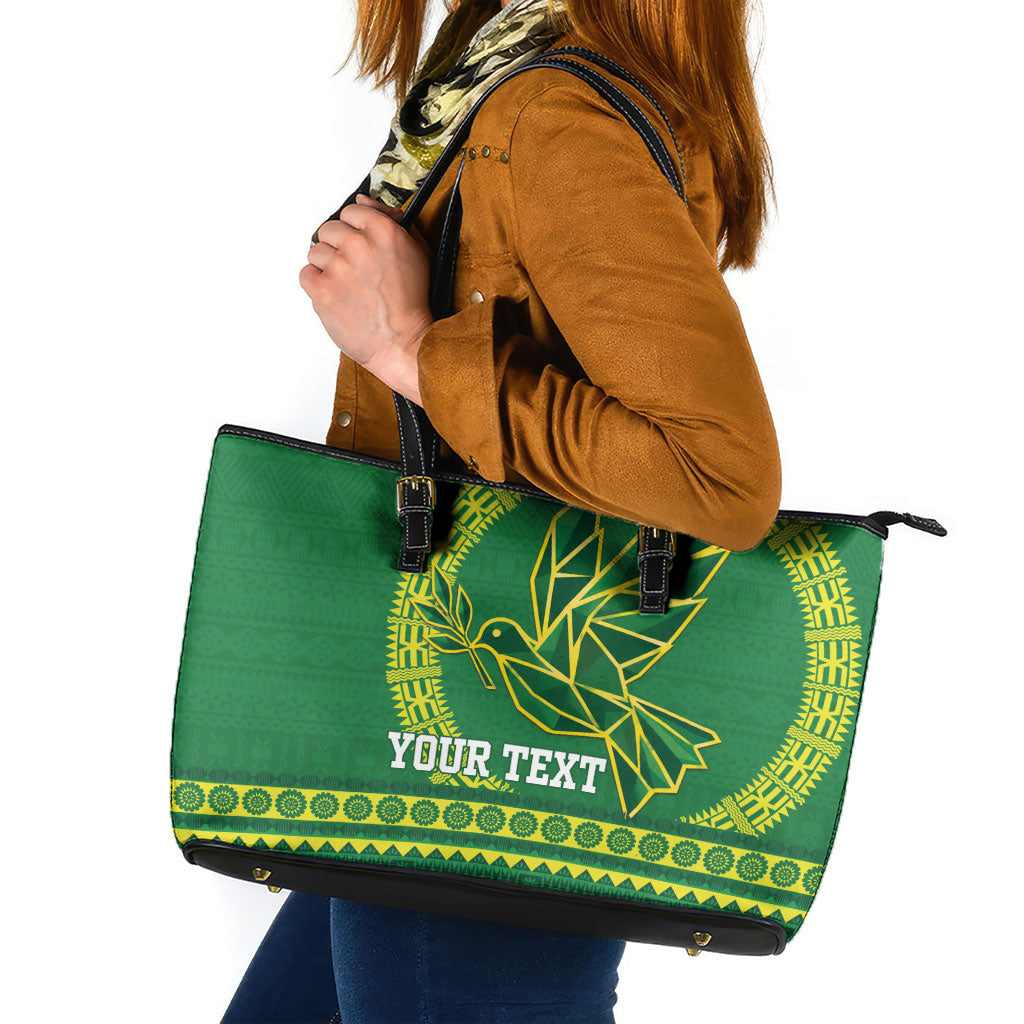 Fiji Tailevu Rugby Personalised Leather Tote Bag Go Dove Nation Fijian Tapa LT14 Green - Polynesian Pride