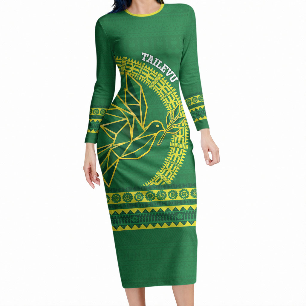 Fiji Tailevu Rugby Personalised Long Sleeve Bodycon Dress Go Dove Nation Fijian Tapa LT14 Long Dress Green - Polynesian Pride
