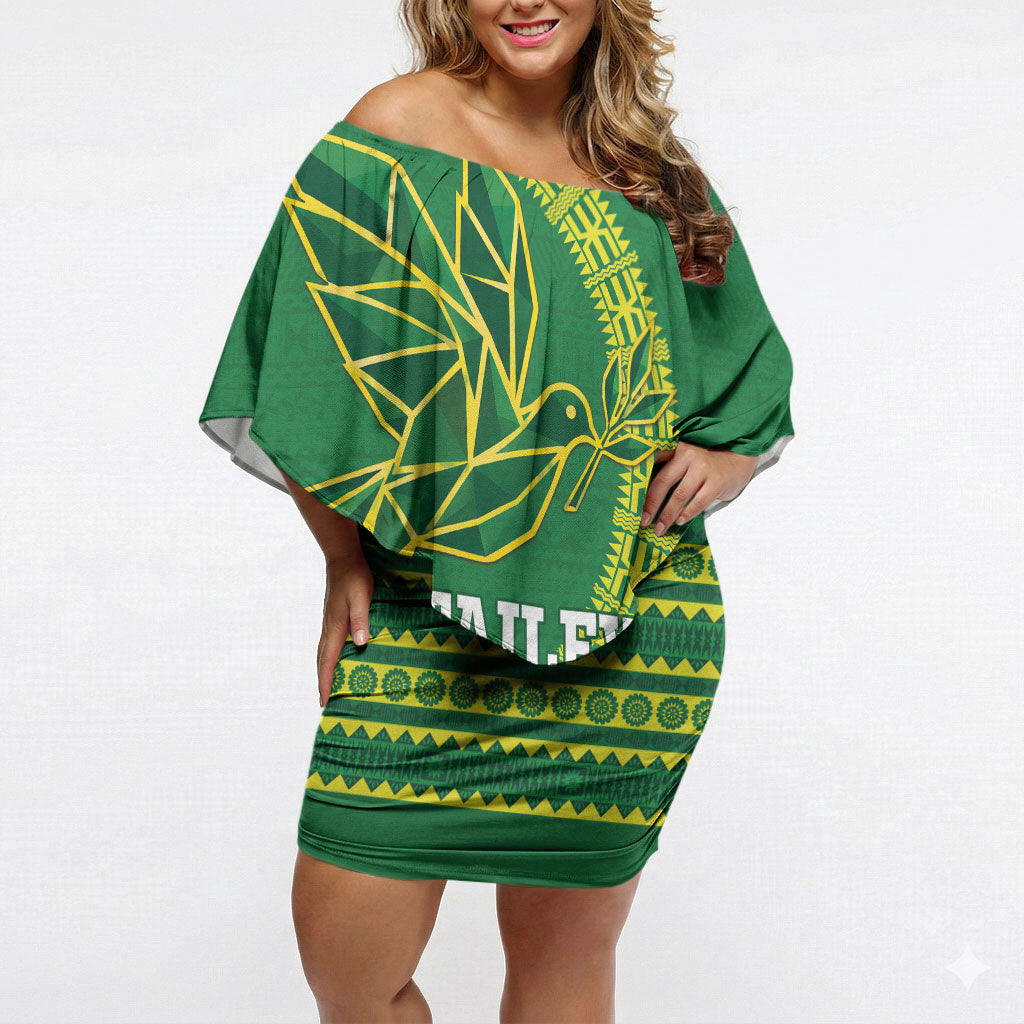 Fiji Tailevu Rugby Personalised Off Shoulder Short Dress Go Dove Nation Fijian Tapa LT14 Women Green - Polynesian Pride
