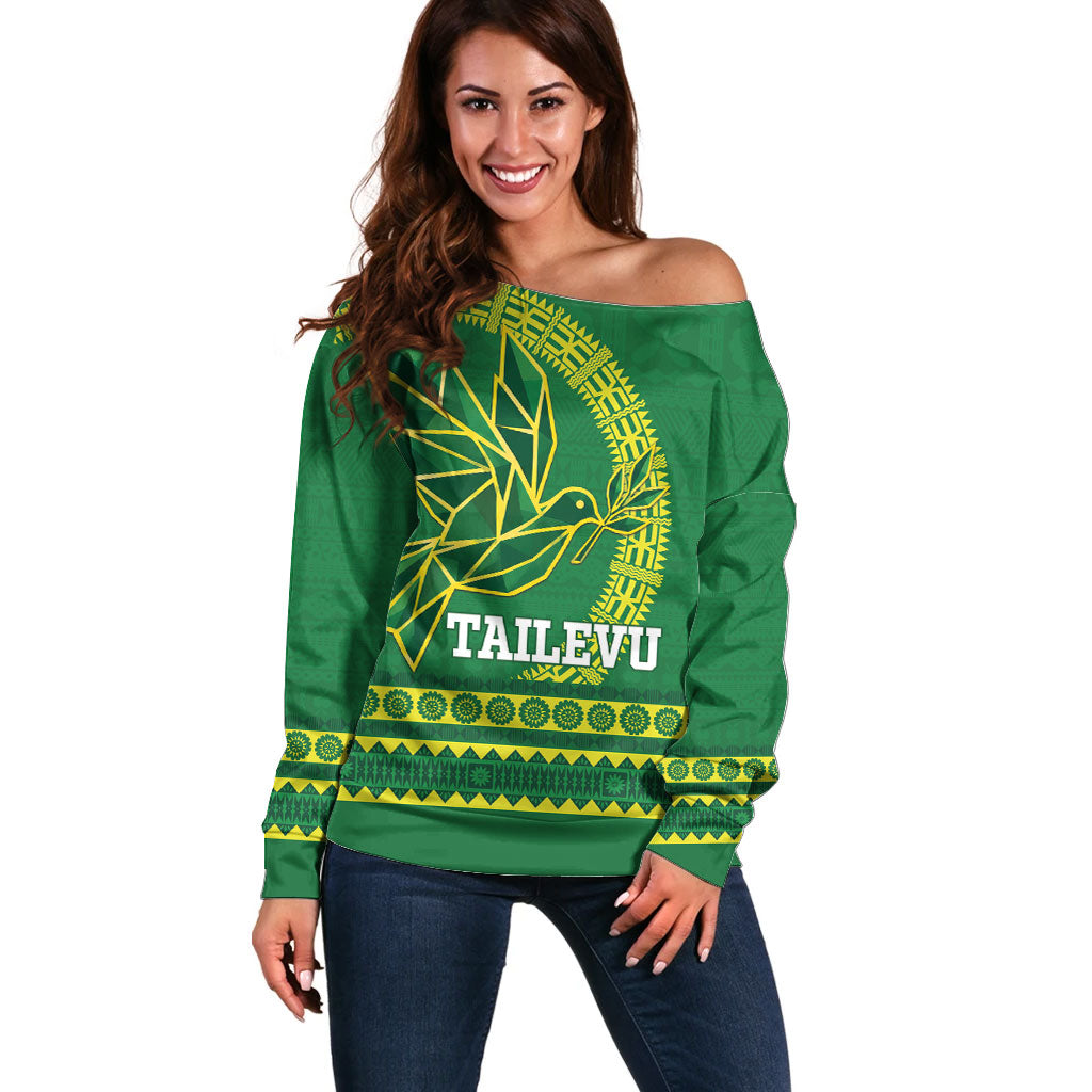 Fiji Tailevu Rugby Personalised Off Shoulder Sweater Go Dove Nation Fijian Tapa LT14 Women Green - Polynesian Pride