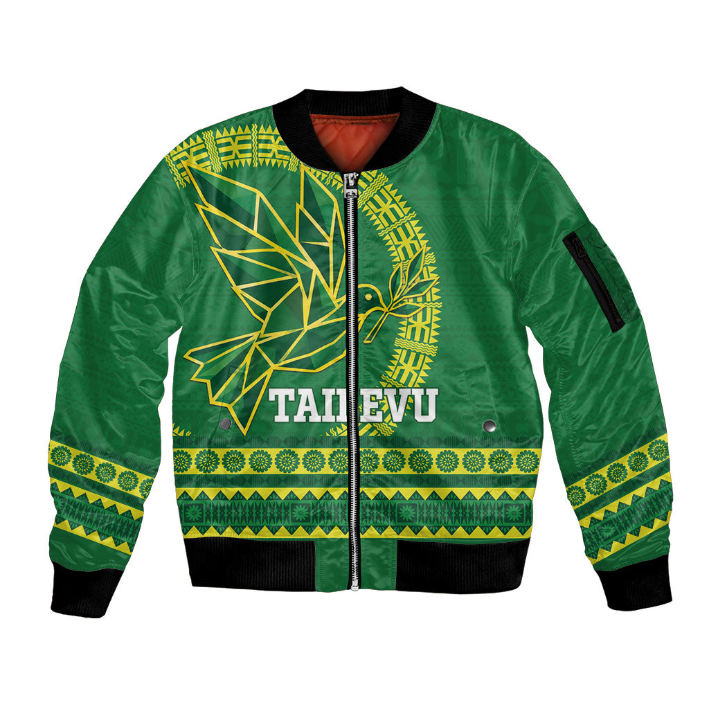 Fiji Tailevu Rugby Personalised Sleeve Zip Bomber Jacket Go Dove Nation Fijian Tapa LT14 Unisex Green - Polynesian Pride