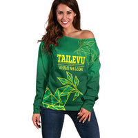 Fiji Tailevu Rugby Custom Off Shoulder Sweater Warai Na Leqa LT14 Women Green - Polynesian Pride