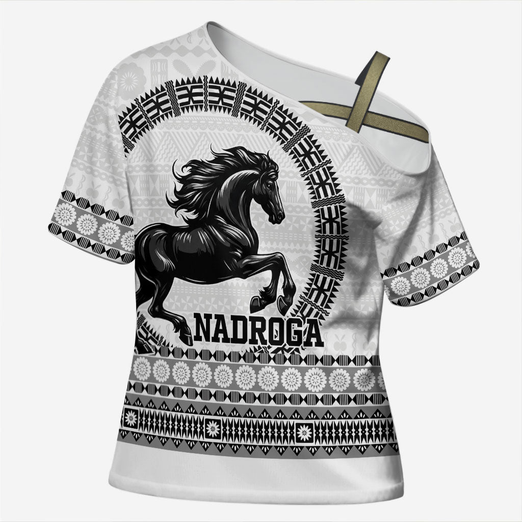 Fiji Nadroga Rugby Personalised Cross Shoulder Shirt Go Stallions Fijian Tapa LT14 Female White - Polynesian Pride