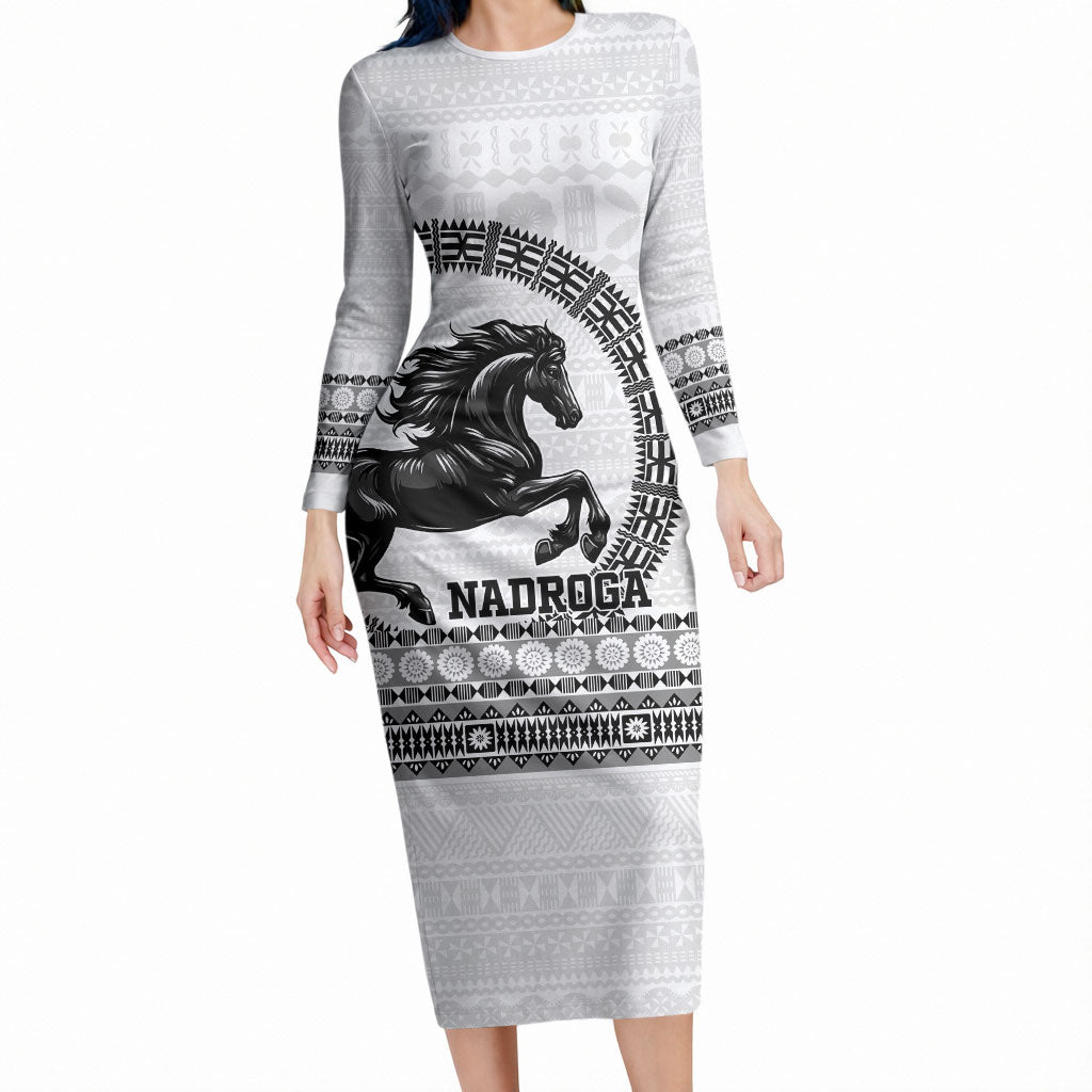 Fiji Nadroga Rugby Personalised Long Sleeve Bodycon Dress Go Stallions Fijian Tapa LT14 Long Dress White - Polynesian Pride