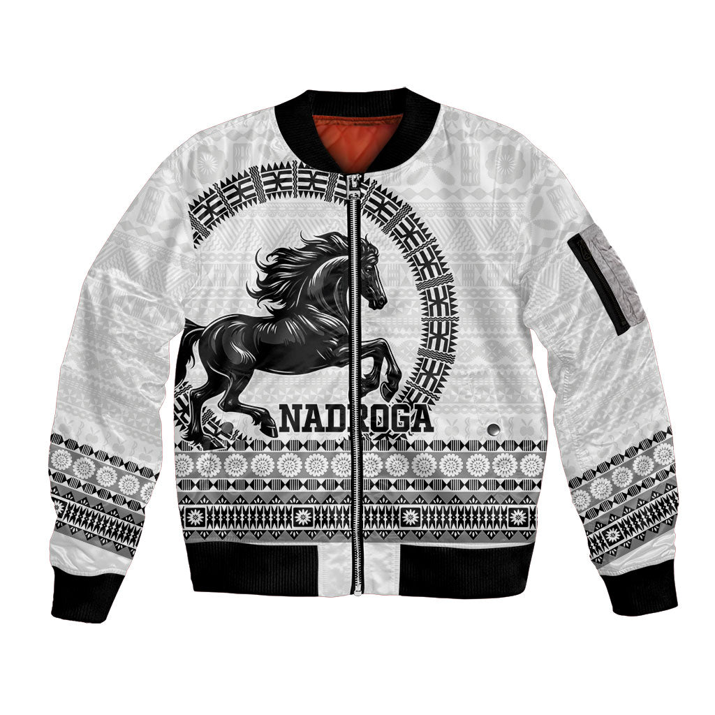 Fiji Nadroga Rugby Personalised Sleeve Zip Bomber Jacket Go Stallions Fijian Tapa LT14 Unisex White - Polynesian Pride