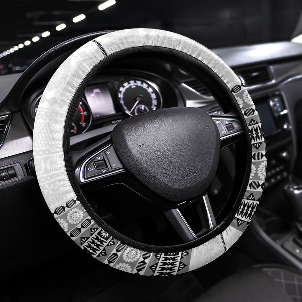 Fiji Nadroga Rugby Steering Wheel Cover Go Stallions Fijian Tapa LT14 Universal Fit White - Polynesian Pride