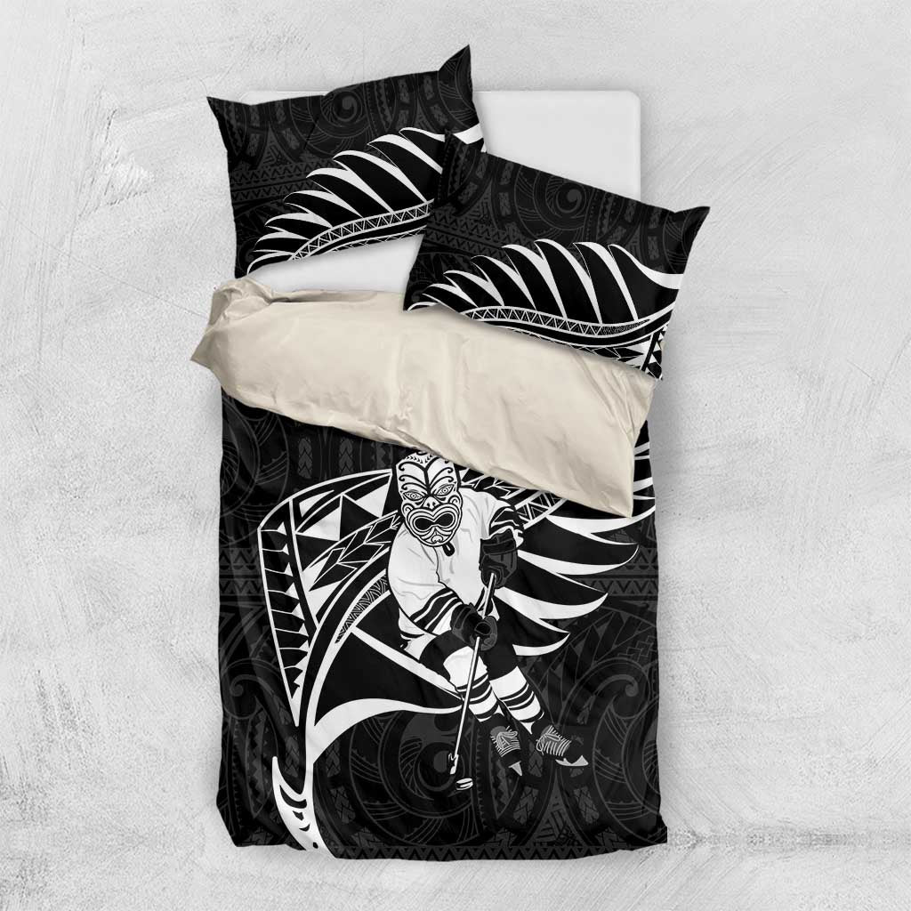 Custom Aotearoa Ice Hockey Bedding Set NZ Tiki Mascot - Maori Pattern LT14 US Twin 172cm x 218cm Black - Polynesian Pride
