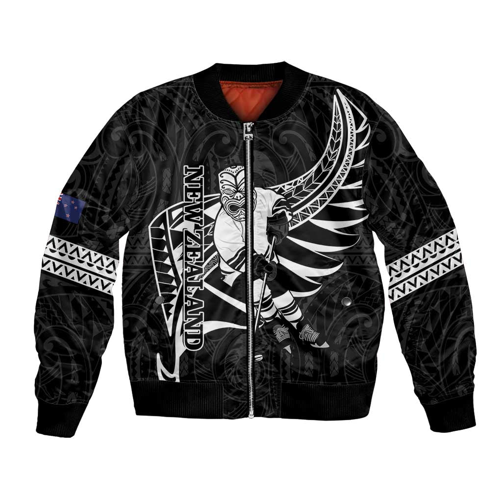 Custom Aotearoa Ice Hockey Bomber Jacket NZ Tiki Mascot - Maori Pattern LT14 Unisex Black - Polynesian Pride