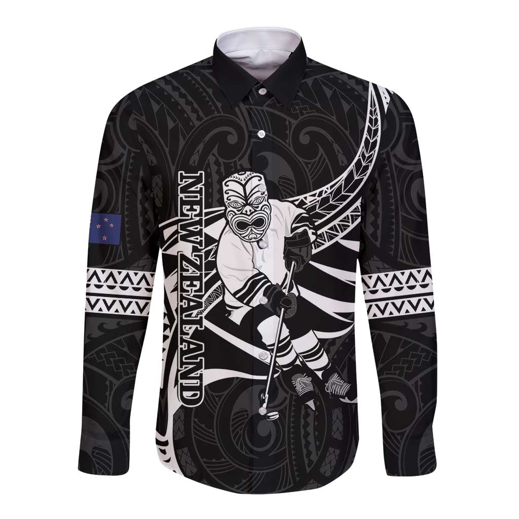 Custom Aotearoa Ice Hockey Long Sleeve Button Shirt NZ Tiki Mascot - Maori Pattern LT14 Unisex Black - Polynesian Pride