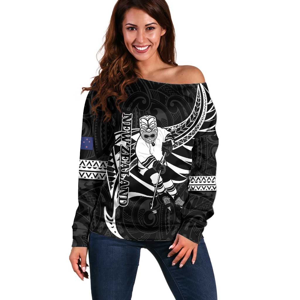 Custom Aotearoa Ice Hockey Off Shoulder Sweater NZ Tiki Mascot - Maori Pattern LT14 Women Black - Polynesian Pride