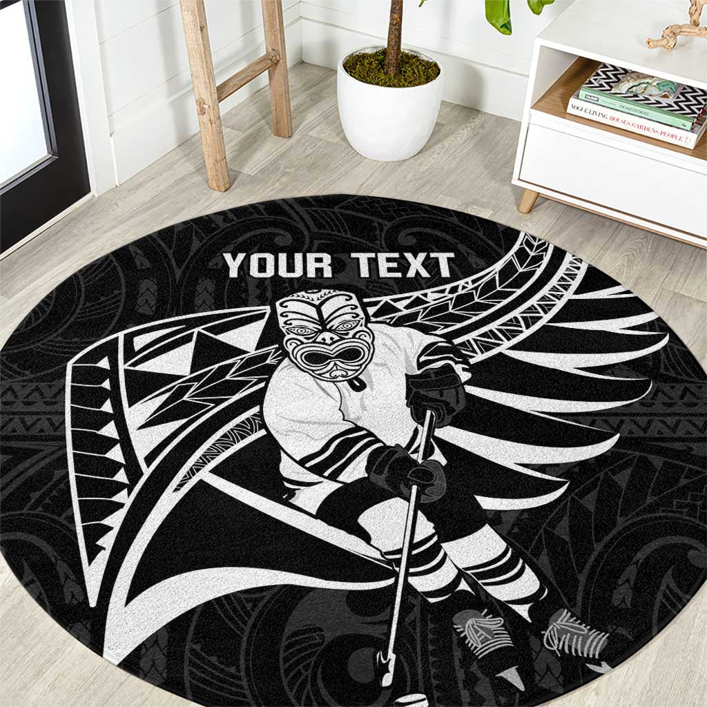 Custom Aotearoa Ice Hockey Round Carpet NZ Tiki Mascot - Maori Pattern LT14 Black - Polynesian Pride