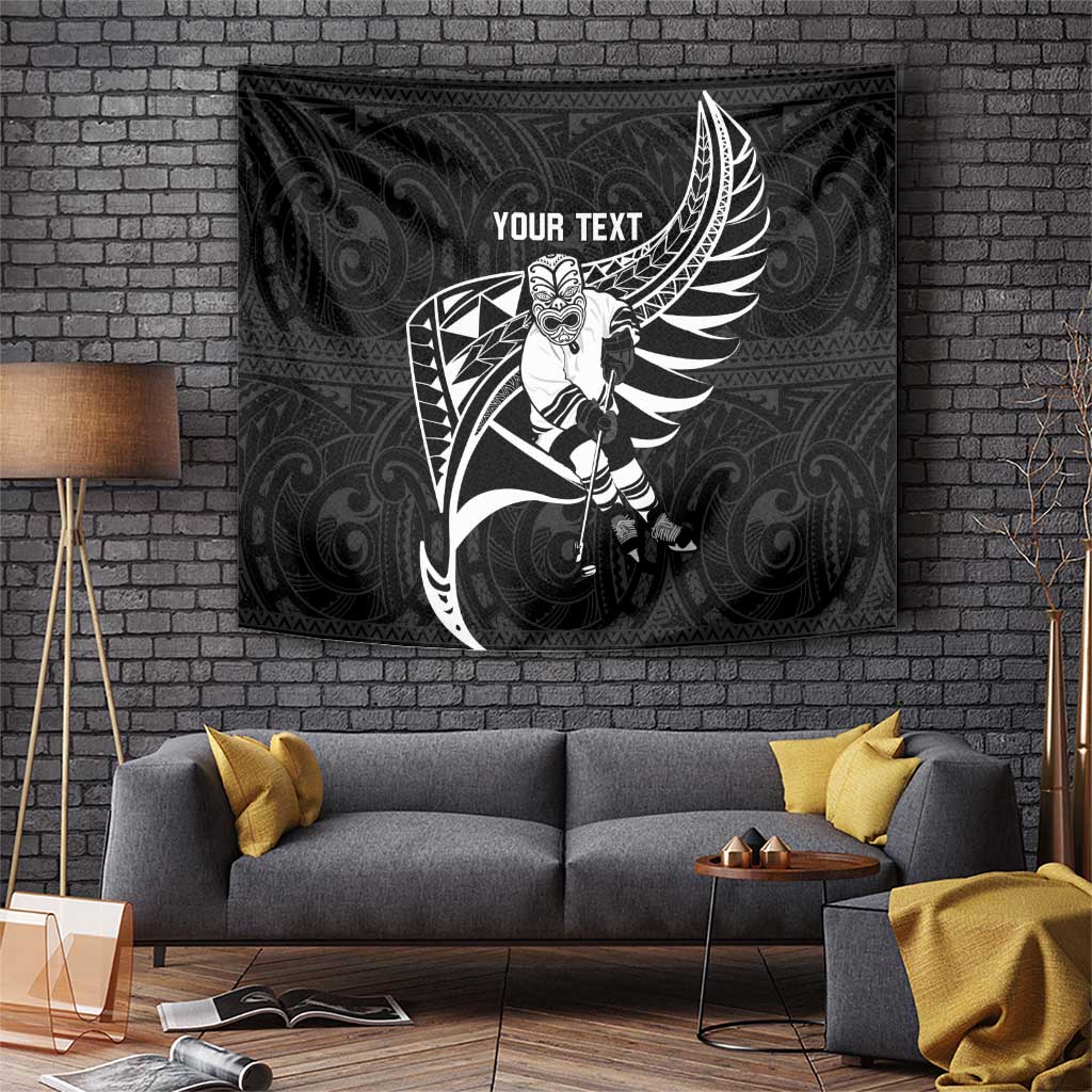 Custom Aotearoa Ice Hockey Tapestry NZ Tiki Mascot - Maori Pattern LT14 Black - Polynesian Pride