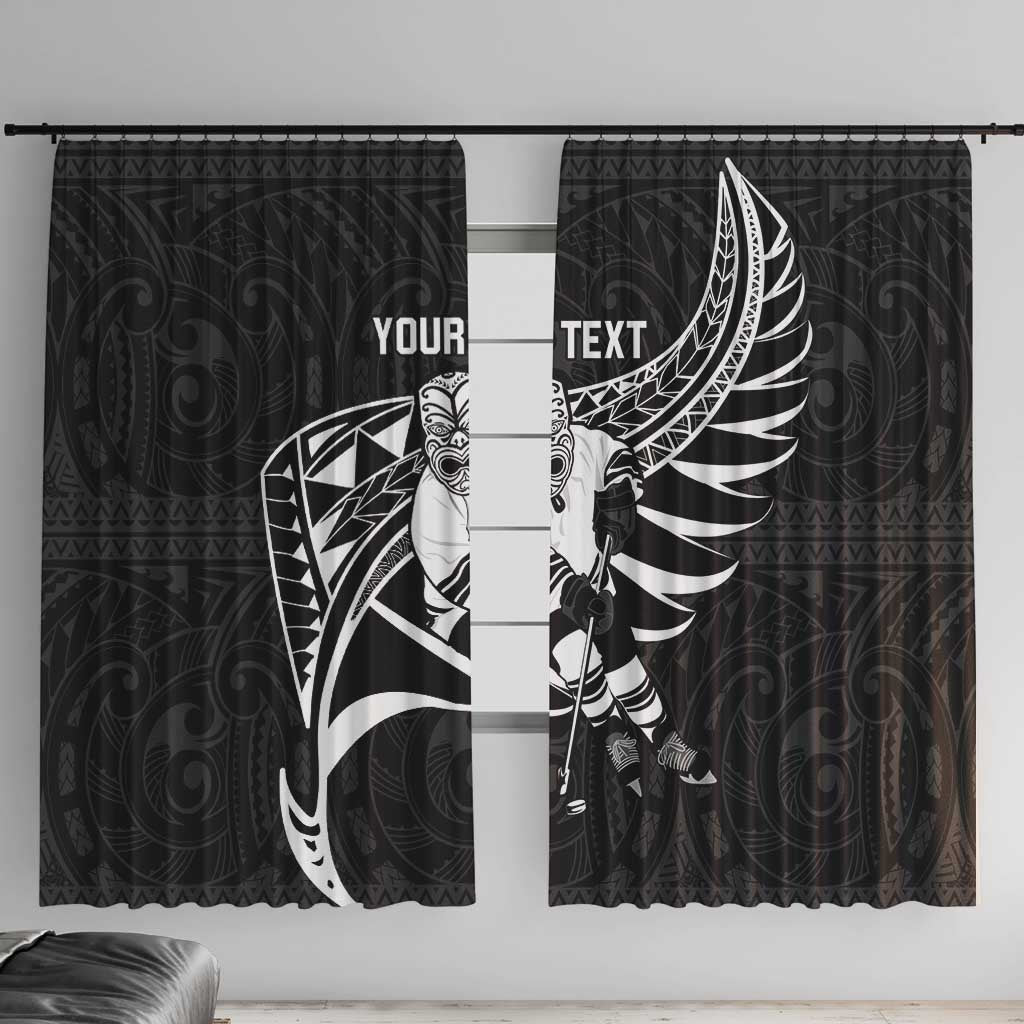 Custom Aotearoa Ice Hockey Window Curtain NZ Tiki Mascot - Maori Pattern LT14 With Hooks Black - Polynesian Pride