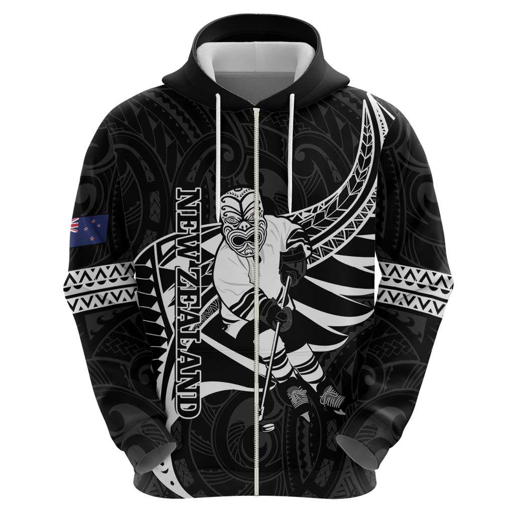 Custom Aotearoa Ice Hockey Zip Hoodie NZ Tiki Mascot - Maori Pattern LT14 - Polynesian Pride