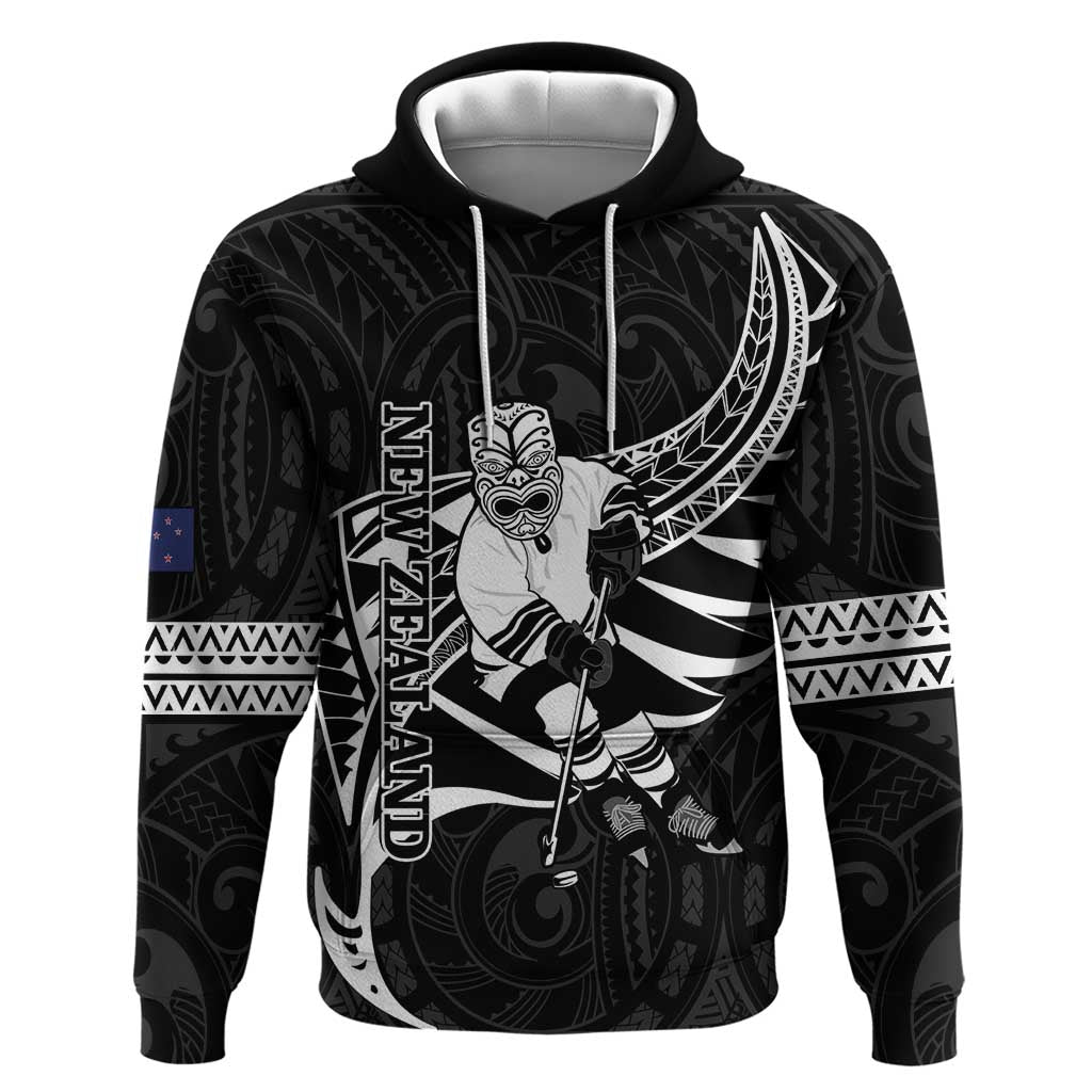 Custom Aotearoa Ice Hockey Zip Hoodie NZ Tiki Mascot - Maori Pattern LT14 Pullover Hoodie Black - Polynesian Pride