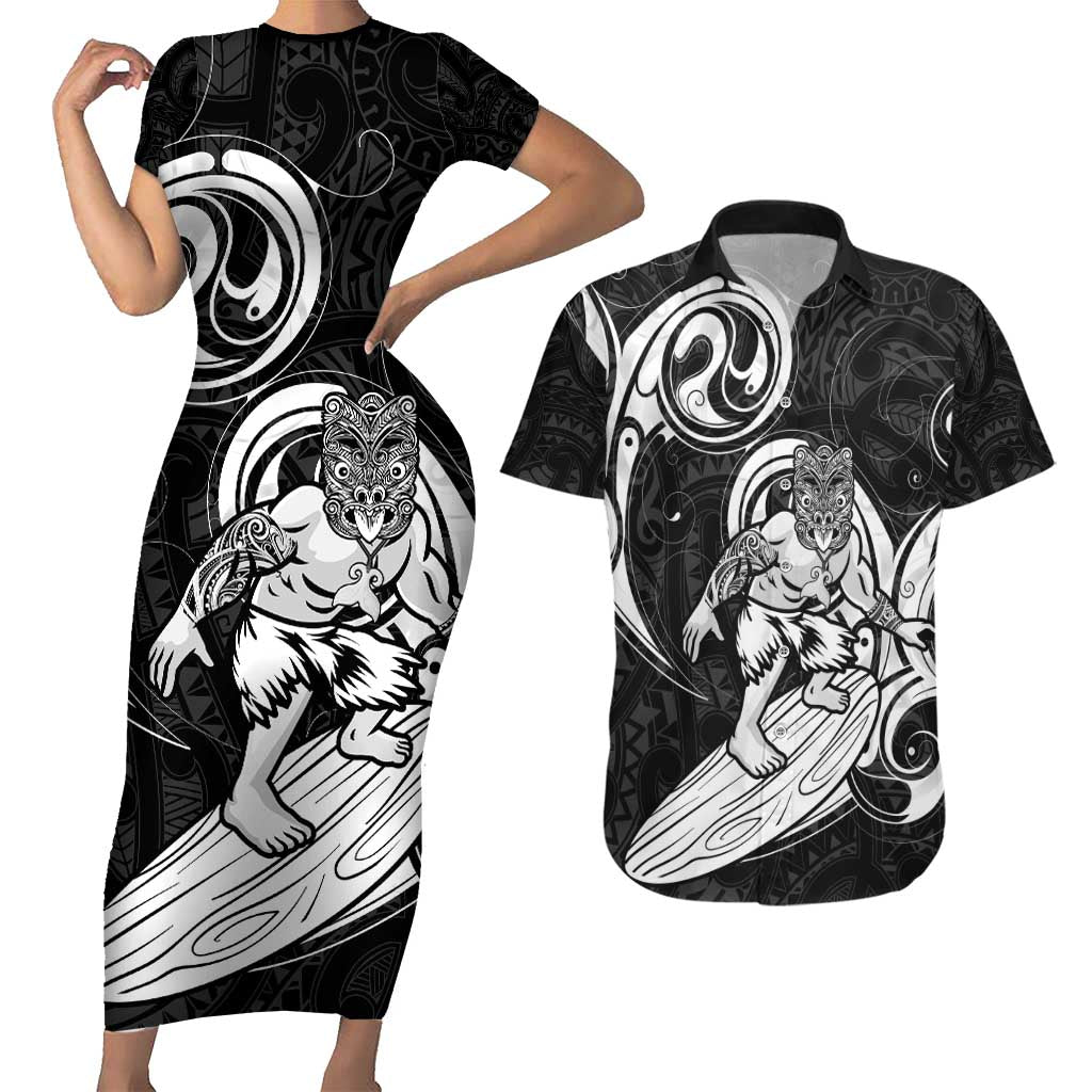 Personalised New Zealand Surfing Couples Matching Short Sleeve Bodycon Dress and Hawaiian Shirt Aotearoa Maori Tiki Haka