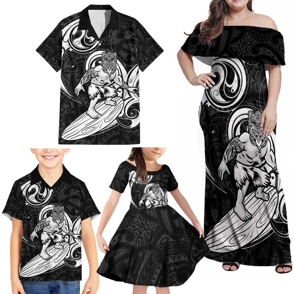 Personalised New Zealand Surfing Family Matching Off Shoulder Maxi Dress and Hawaiian Shirt Aotearoa Maori Tiki Haka