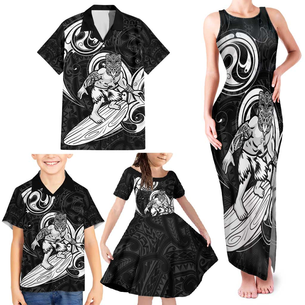 Personalised New Zealand Surfing Family Matching Tank Maxi Dress and Hawaiian Shirt Aotearoa Maori Tiki Haka