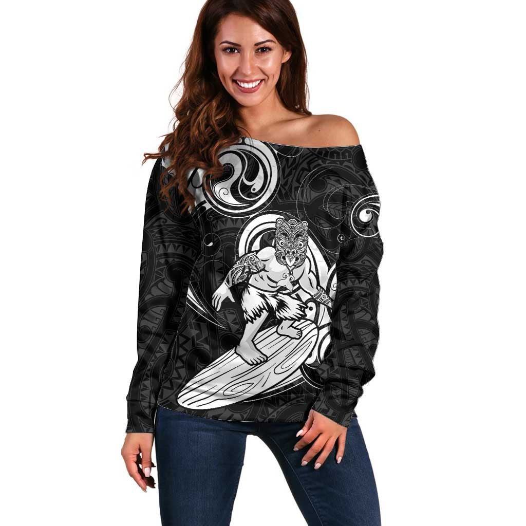 Personalised New Zealand Surfing Off Shoulder Sweater Aotearoa Maori Tiki Haka LT14 Women Black - Polynesian Pride