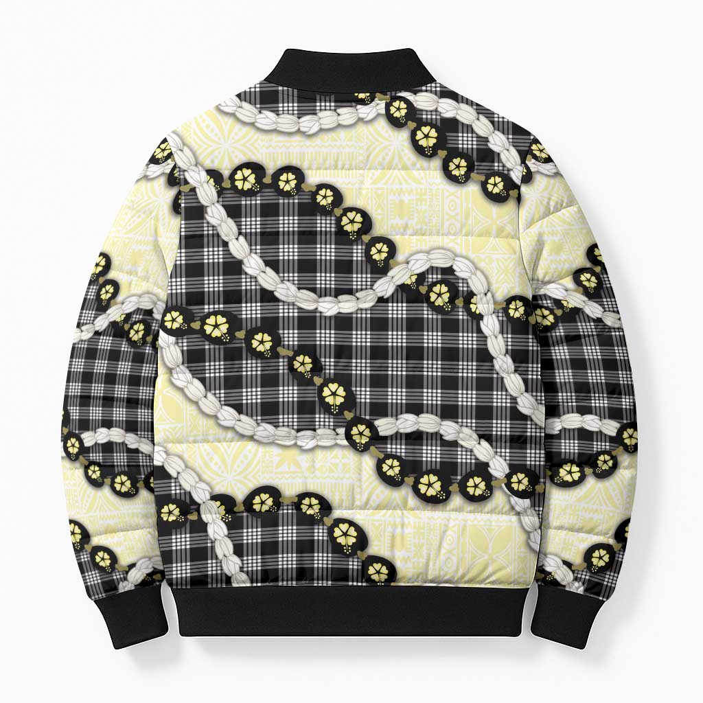 Black Palaka Hawaii Bomber Puffer Jacket Kukui Nut Pikake Lei Hawaiian Tapa Pattern LT14 - Polynesian Pride