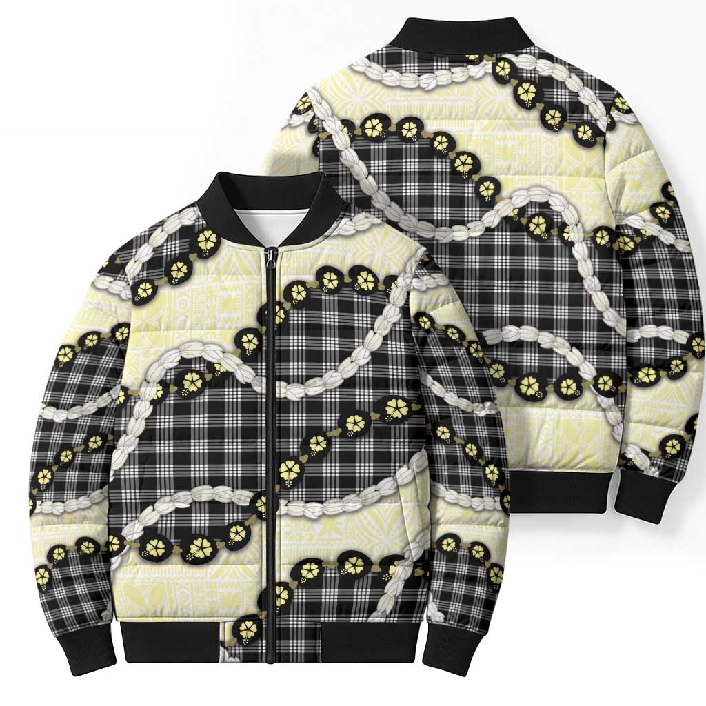 Black Palaka Hawaii Bomber Puffer Jacket Kukui Nut Pikake Lei Hawaiian Tapa Pattern LT14 - Polynesian Pride