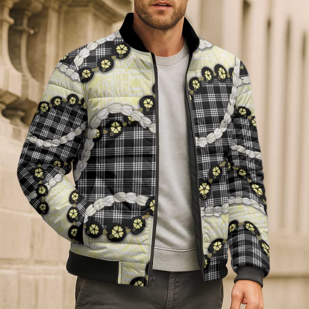 Black Palaka Hawaii Bomber Puffer Jacket Kukui Nut Pikake Lei Hawaiian Tapa Pattern LT14 - Polynesian Pride