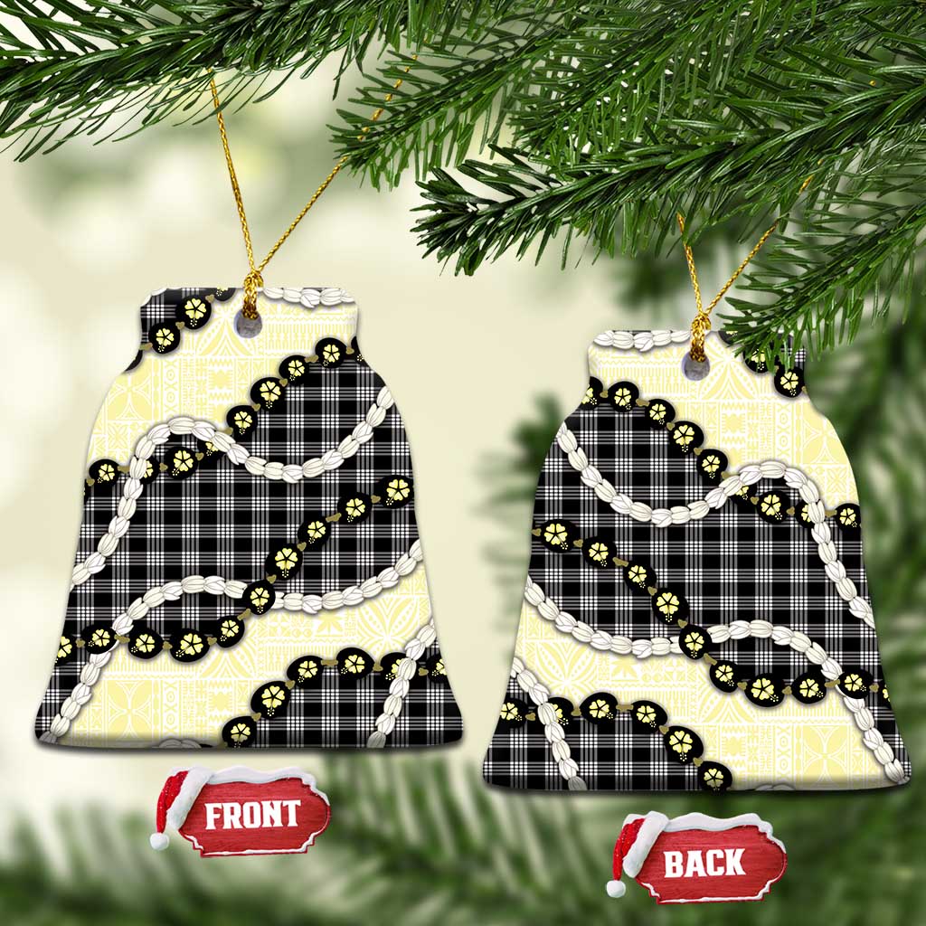 Black Palaka Hawaii Ceramic Ornament Kukui Nut Pikake Lei Hawaiian Tapa Pattern LT14 Bell Flake Black - Polynesian Pride