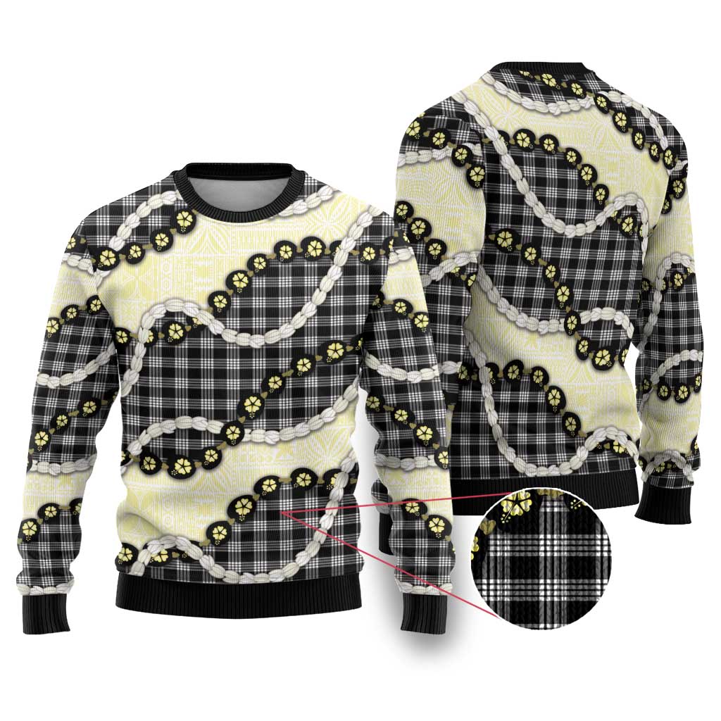 Black Palaka Hawaii Ugly Christmas Sweater Kukui Nut Pikake Lei Hawaiian Tapa Pattern LT14 Black - Polynesian Pride