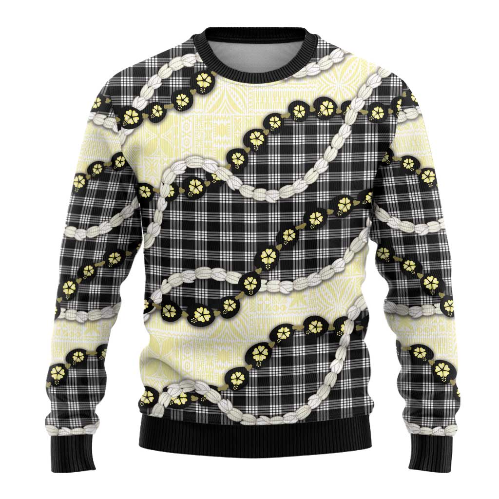 Black Palaka Hawaii Ugly Christmas Sweater Kukui Nut Pikake Lei Hawaiian Tapa Pattern LT14 - Polynesian Pride