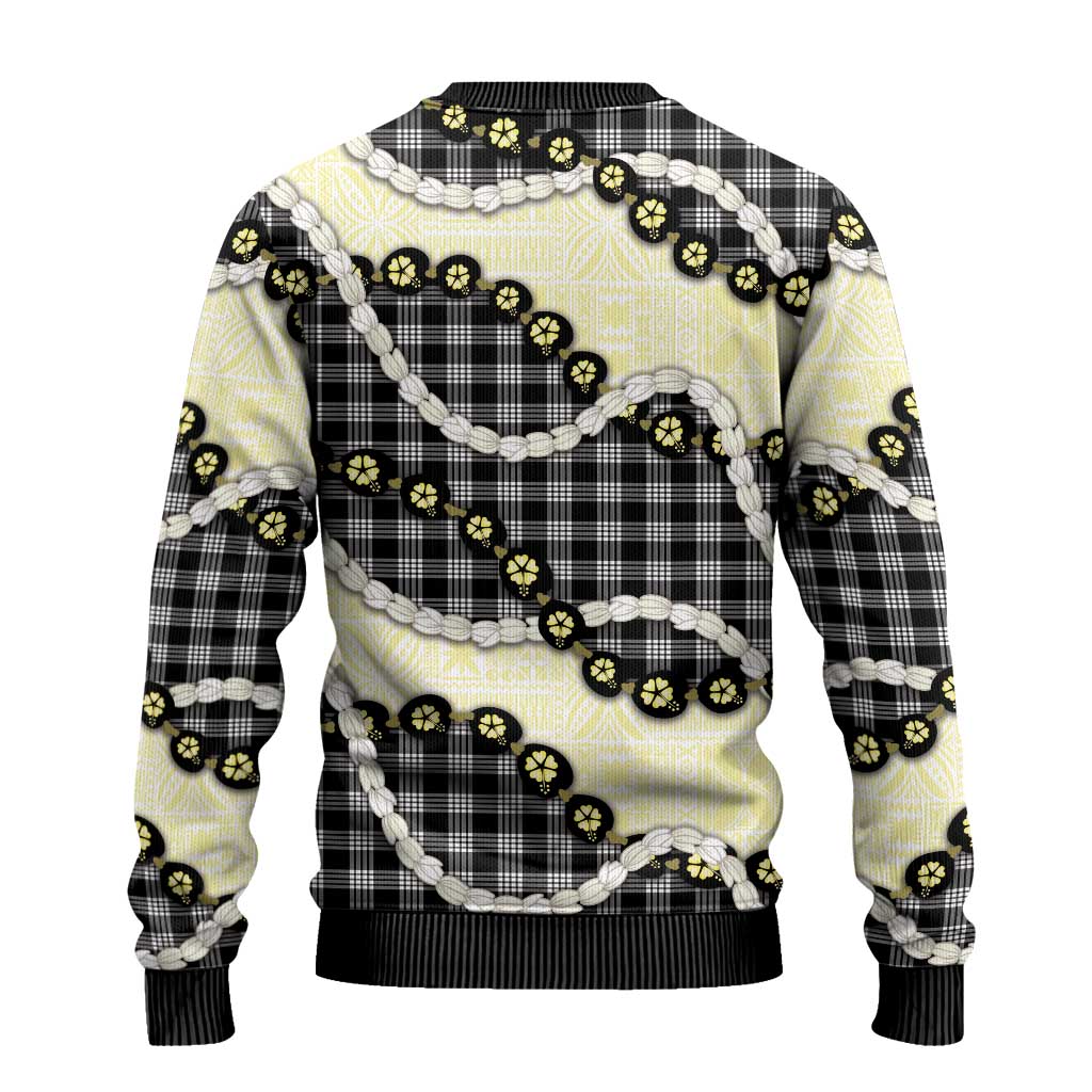 Black Palaka Hawaii Ugly Christmas Sweater Kukui Nut Pikake Lei Hawaiian Tapa Pattern LT14 - Polynesian Pride