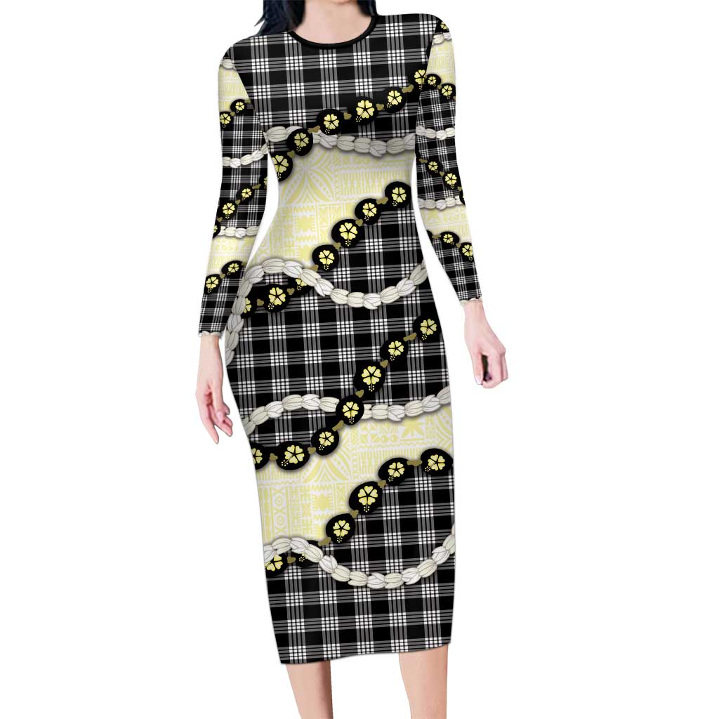 Black Palaka Hawaii Long Sleeve Bodycon Dress Kukui Nut Pikake Lei Hawaiian Tapa Pattern LT14 Long Dress Black - Polynesian Pride