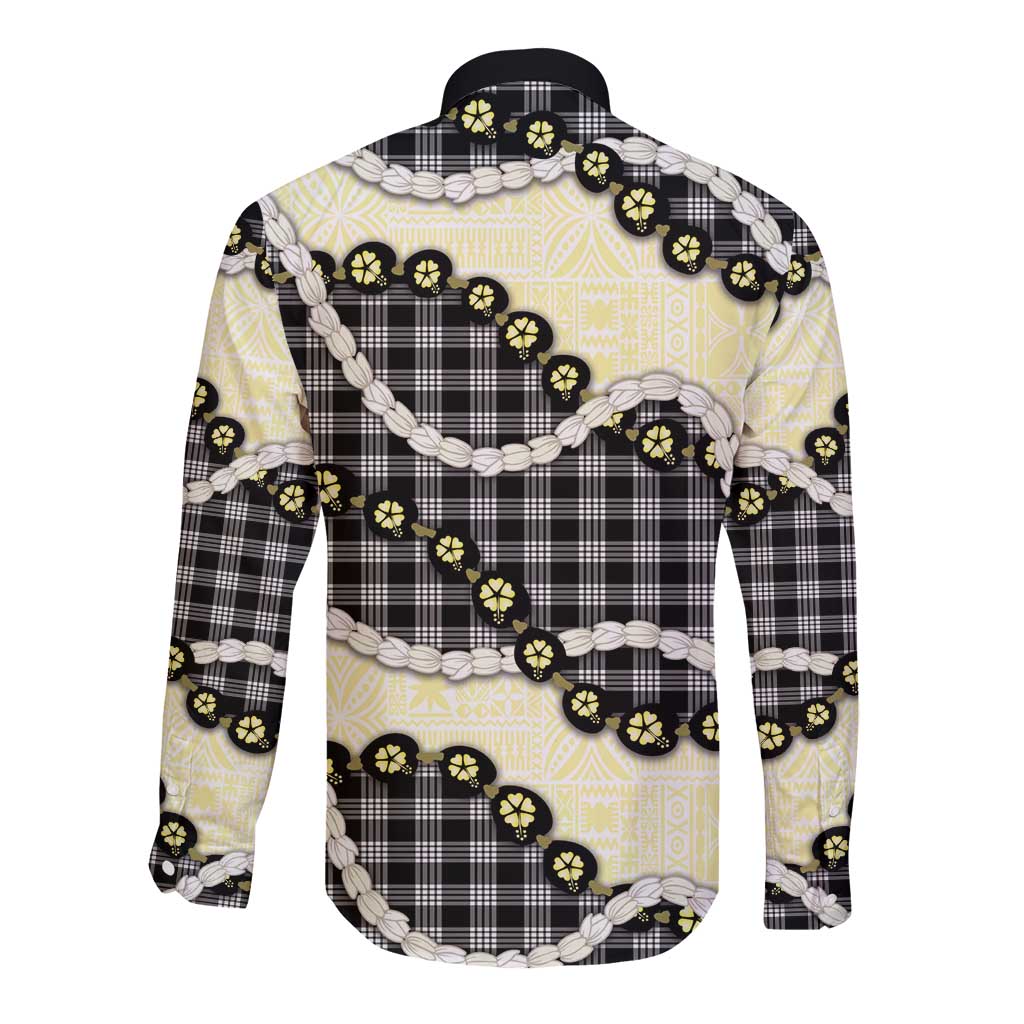 Black Palaka Hawaii Long Sleeve Button Shirt Kukui Nut Pikake Lei Hawaiian Tapa Pattern LT14 - Polynesian Pride