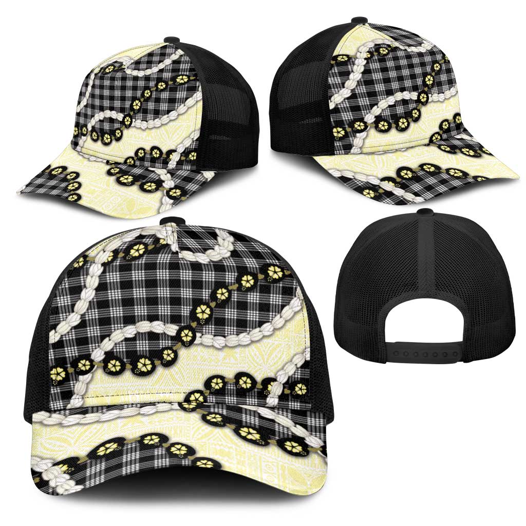 Black Palaka Hawaii Mesh Trucker Cap Kukui Nut Pikake Lei Hawaiian Tapa Pattern LT14 - Polynesian Pride