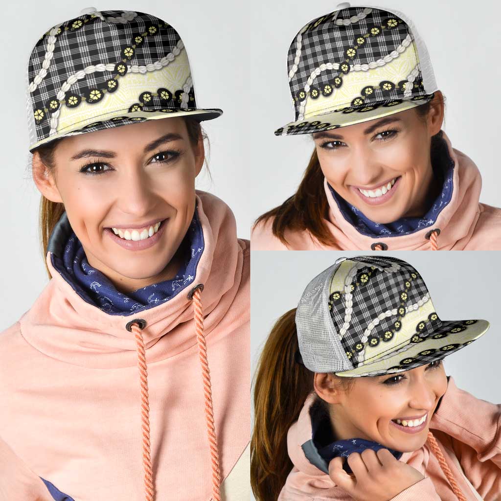 Black Palaka Hawaii Mesh Trucker Cap Kukui Nut Pikake Lei Hawaiian Tapa Pattern LT14 - Polynesian Pride