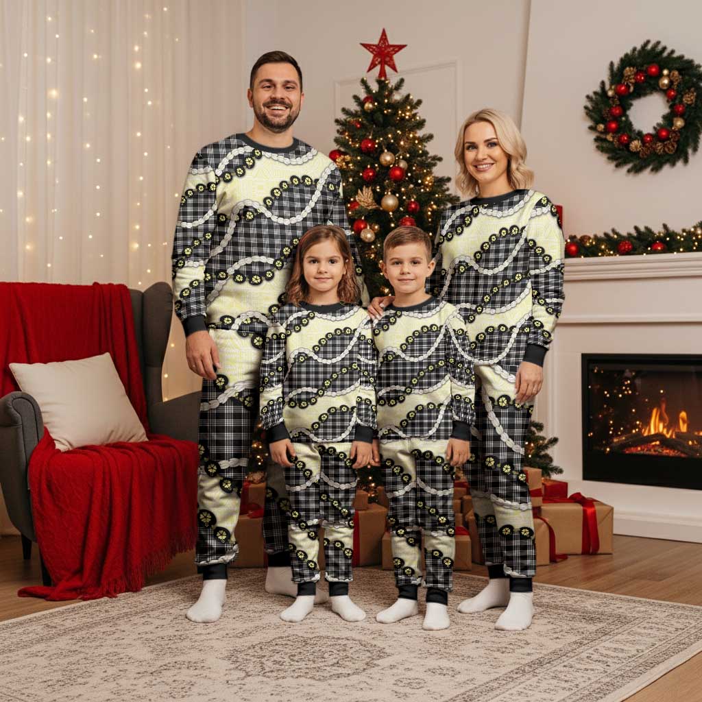 Black Palaka Hawaii Christmas Pajama Set Kukui Nut Pikake Lei Hawaiian Tapa Pattern LT14 - Polynesian Pride