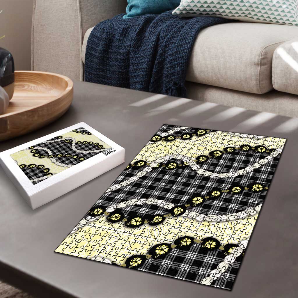 Black Palaka Hawaii Puzzle Kukui Nut Pikake Lei Hawaiian Tapa Pattern LT14 - Polynesian Pride
